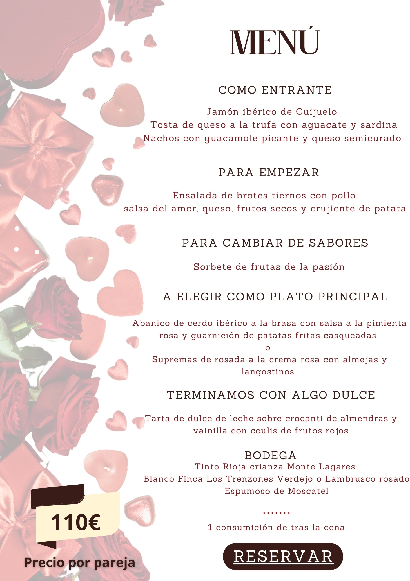 Menu san Valentín en Malaga